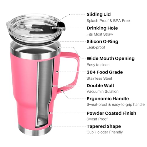 Image of 20 oz Tumbler with Handle, Stainless Steel Insulated Tumbler with Lid and Straw, Double Wall Vacuum Coffee Mug Tumbler, Insulated Coffee Thermal Cup for Cold and Hot (Rose Red, 20 Ounces)