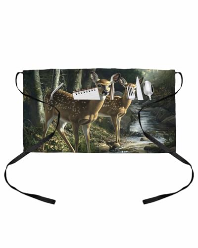 PIEPLE Forest Deer Server Apron Waitress Aprons with 3 Pockets, Farmhouse Elk River Half Waist Waiter Aprons Restaurant Chef Aprons for Women Men