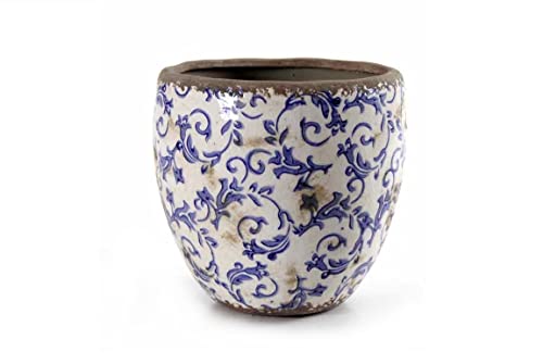 Gicos Vaso vasetto cachepot anticato decoro blu smerlato in ceramica tondo 19 * 19 * 17 cm schabby chic casa giardino EXC-744082