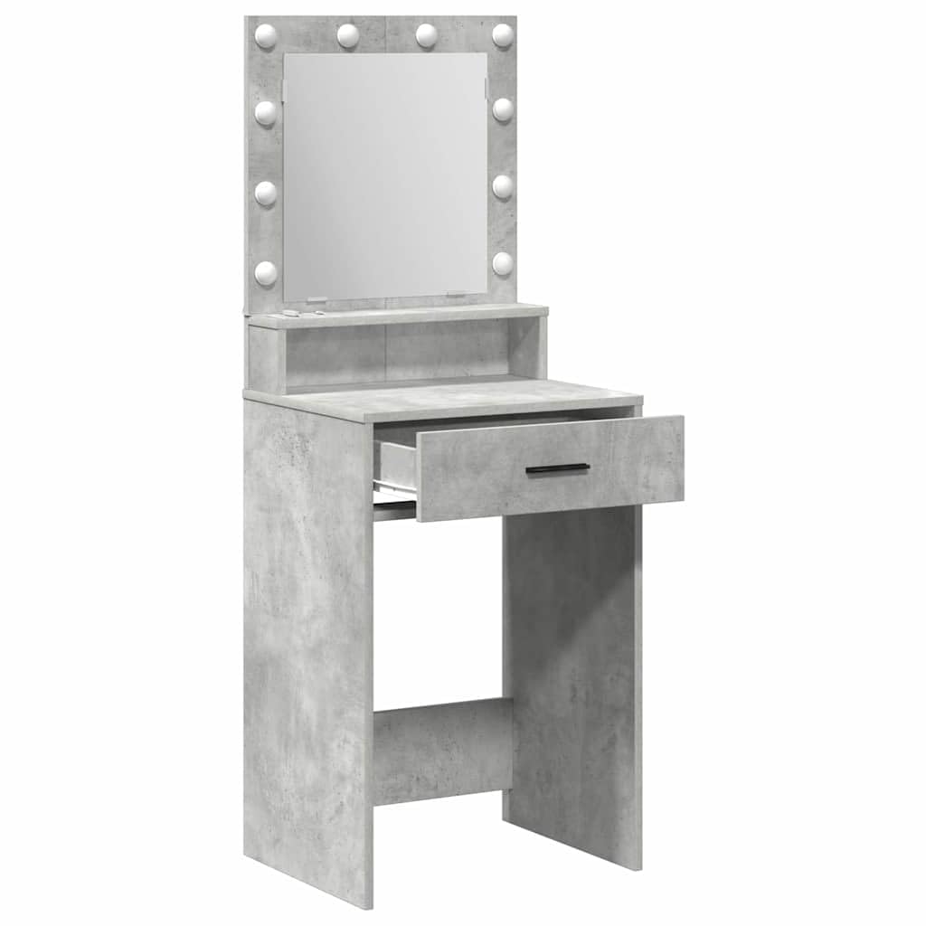 Schminktisch Beton Grau aus Holzwerkstoff mit LED Beleuchtung, Makeup Spiegel, 2 Schubladen, Stauraum und Ablage, platzsparend für Schlafzimmer und Ankleidezimmer