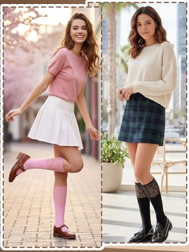 Image of Fourluoo 4 Pairs Women's Lace Socks Calf Stocking with Lace Trim Long Knee High Stockings Lolita Boot Socks