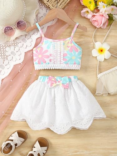 Image of TAGAS Girls Girls Floral Crop Top and White Lace Skirt Set - Summer Sleeveless 2-Piece Outfit with Bow Belt - Casual Party Dress for Kids