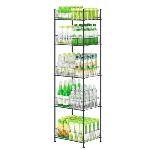 smusei 5 Tier Water Bottle Organizer Rack Metal Free Standing Water Storage Rack Beverage Holder Bottled Water Stand for Floor Space Saver Soda Drink Shelf for Kitchen Living Room Black