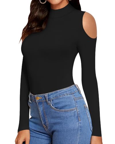 Image of MANGOPOP Women Sexy Deep V Neck Short Sleeve Bodysuit Tops Cold Shoulder Casual T Shirts, A Black, Medium
