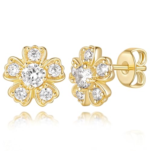 Gold Studs Earrings for Women 14k Gold Earrings for Women Flower Stud Earring for Womens Stud with Cubic Zirconia Casual Vibe and Edgy Feel CZ Studs Earring for Womens 10mm
