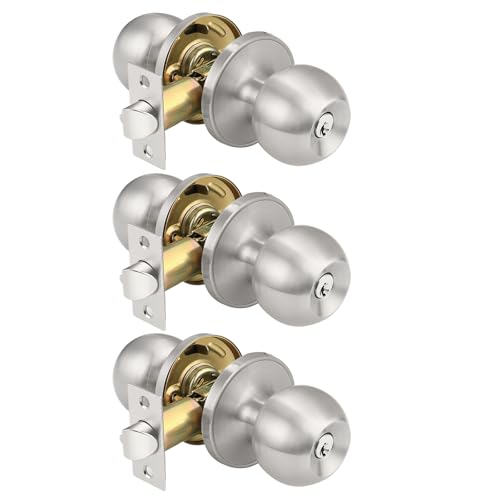 KNOBWELL Keyed Alike Door Locks in Brushed Nickel Finish, Keyed Entry Door Knob for Exterior Interior Door, Combo Pack Round Ball Shape Door Knobs, Exterior Door Handle, 3 Pack