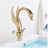 Bathroom Faucet Gold, Solid Brass Swan Style Basin Faucet Crystal Double Handles Deck Mounted Bathroom Sink Faucet, Hot Cold Mixer Faucet