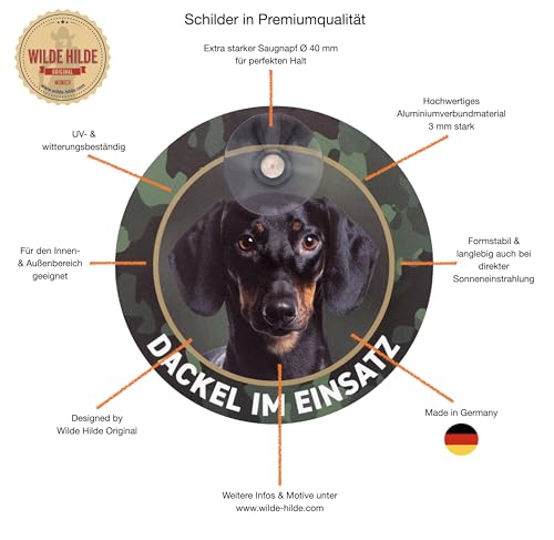 Generisch Dackel Schild Jagdhund im Einsatz Rauhaardackel, Teckel, Dachshund Premium Schild mit Saugnapf aus Aluverbund für Auto, Pkw, Kfz, Scheibe, Autoscheibe, Ø 13 cm Durchmesser - Made in Germany