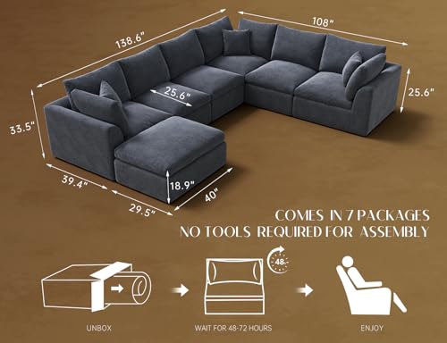 Oversized Cloud Couches for Living Room, Convertible Sectional Couch with Ottoman, 7 Seater Large Modular Sectional Sofa, Grey