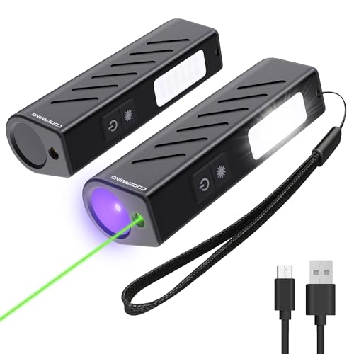 365nm UV Flashlight, EDC Rechargeable Flashlight with Black Light, Green Laser Pointer, Side Lights, 3 in 1 Mini Portable for Pet Urine Detection, Stains Detection, Cure Resin, Scorpion Detector 2Pack