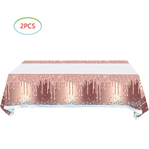2Pcs Pink Rose Gold Birthday Tablecloth and Table Cover for Girls and Women (71in x 42in)