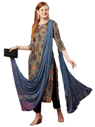 Kurta en coton mélangé ANNI DESIGNER bleu marine avec pantalon et dupatta taille 38