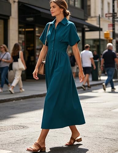 Image of Yeokou Shirt Dress for Women Summer Casual Short Sleeve Button Down Loose Pleated Maxi Sundress with Pockets