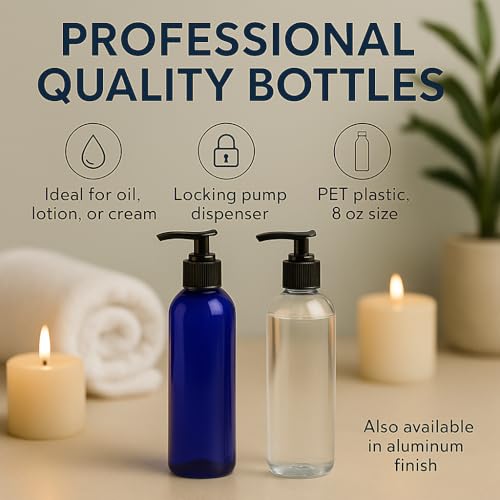 8 oz Bullet Pump Bottle - Refillable Massage Oil, Lotion, Soap, Shampoo Dispenser - BPA-Free PET with Black Locking Pump - UV-Resistant for Essential Oils (3, Aluminum)3
