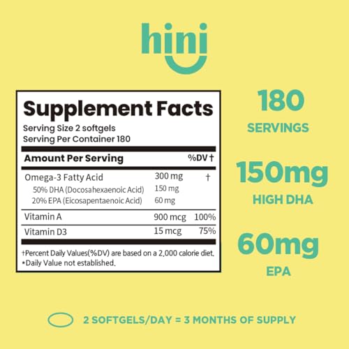 HINI Omega-3 for Kids- Omega 3 DHA Vitamins, Immunity Kids, Omega Vitamins for Brain & Eye Health and Strong Bones Support, 2 per Serving /180 Serving - Image 2