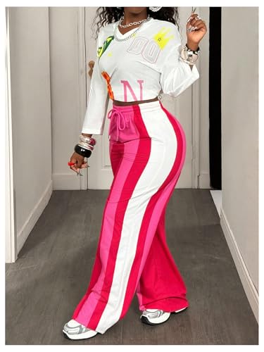 GORGLITTER Women's Colorful Oversized Baggy Pants Y2K Drawstring Waist Wide Leg Striped Streetwear Trousers2