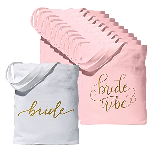 11 Piece Set of Bride Tribe Canvas Tote Bags for Bachelorette Parties, Weddings and Bridal Showers! (11 Totes, Pink - Bride Tribe)