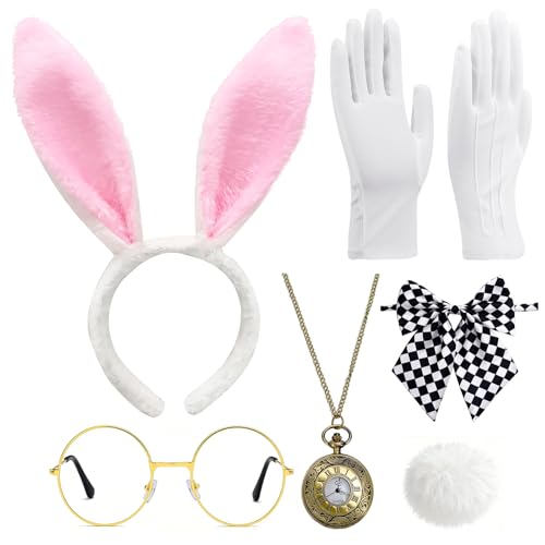 QLINLEAF White Rabbit Costume Accessories for Adult 6 PCS Bunny Ears Headband and Tail Bow Tie Clock Necklace Glasses Gloves Easter Halloween Party Dress Up