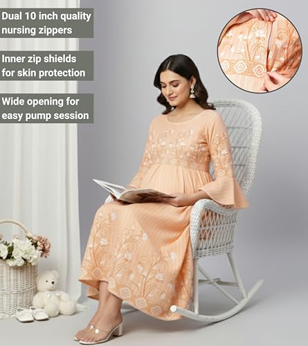Image of DUMMY SHAPE Feeding Nighty | Maternity Dresses for Women Cotton Blend | Floral Pink Anarkali Kurta with Dual Nursing Zippers for Pregnancy & Breastfeeding | Gifts for Pregnant Women (