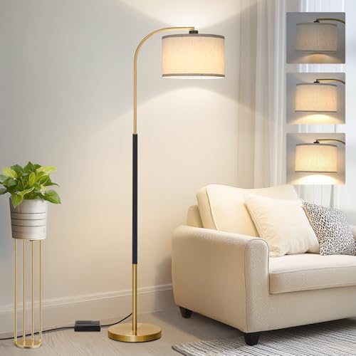Dimmable Floor Lamp for Living Room, Arc Floor Lamps with Adjustable Drum Shade Pedal Switch, Black and Gold Tall Standing Lamp with 9W LED Bulb, Modern Reading Light Pole Lamp for Bedroom, Office