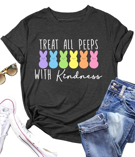 Image of LAZYCHILD Women Easter Teacher Shirts: Funny Treat All with Kindness T-Shirt Bunny Rabbit Tee Tops