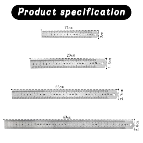 HuaMuDM Edelstahl Lineal, Metall Lineal Set, Stahl Lineal, stahllineal set, Metall Stahllineal, 4 Stück 15cm 20cm 30cm 40cm mit Doppelseitenskala Kante, für Lehre Büro Zeichnen Engineering
