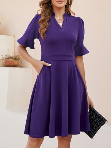 Image of Mokayee Womens Summer V Neck Ruffle Short Sleeve Fit and Flare Knee Length Church Wedding Guest Dresses with Pockets