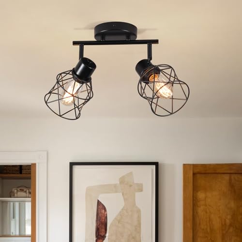 Image of 2 Lights Adjustable Multi-Directional Black Light Fixtures, Semi Flush Mount Ceiling Light, Kitchen Light Fixtures Ceiling Mount, Geometric Metal Cage Industrial Spotlight Fixtures for Dining Room