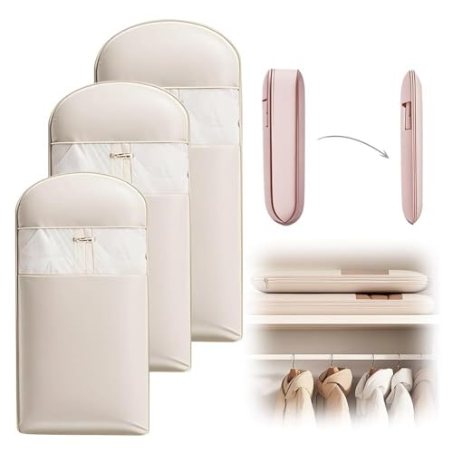 Space Saving Hanging Garment Bag with Self Compression Zipper, 2025 New Space Saver Closet Organizers, Down Coat Compression Dust Cover for Closet Storage(Beige,S+M+L)