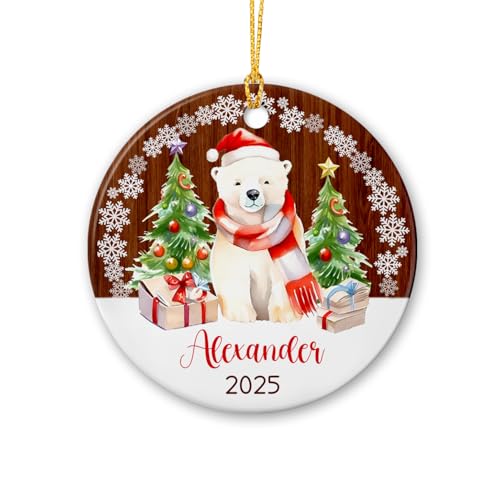 Polar Bear Christmas Ornaments Ceramic, Personalized Polar Bear Christmas Trees Ornament Wooden Style, Custom Name Polar Bear Ornament Gift for Xmas 2025, Polar Bear Animal Ornament Christmas