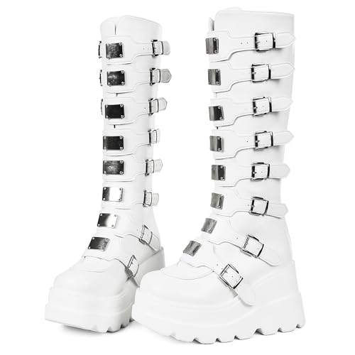 CELNEPHO Womens Wedge Platform Knee High Boots High Heel Round-Toe Zip Punk Goth Mid Calf Combat Boots For Women