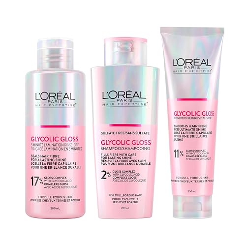 L'Orรฉal Paris Hair Expertise Glycolic Gloss Shine Trio Set, With Glycolic Acid For Shine and Smoothness, (3x Pieces, Shampoo, Conditioner, Treatment)