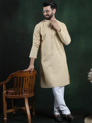 Image of SOJANYA (Since 1958 Men's Pure Cotton Checked Embroidered Long Kurta | Traditional for Diwali Celebrations