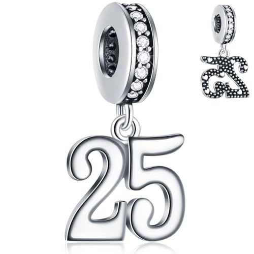 Product Image of the 25th Anniversary Dangle Charms fits Pandora Wedding Bracelet, Silver Plated 25 Birthday Pendant Beads with CZ, Number 25 Years Bday Gifts for Friend