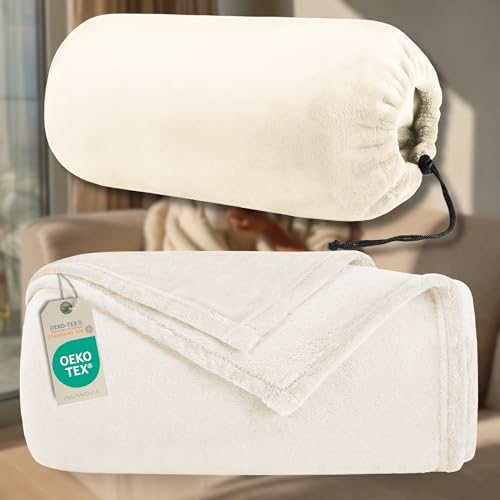 INSPINOVIA Kuscheldecke 150 x 200 cm mit Beutel | Wohndecke | Sofadecke | Fleecedecke | Reisedecke | Flauschige Decke aus Microfasern | Kuscheldecke Kinder | Oeko Tex Standard 100 (Beige)
