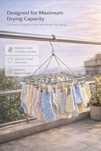 Image of PUREAGLE 25 Clips Stainless Steel Square Cloth Dryer | Cloth Hanger with Clips | Baby & Infant Clothes Drying Hanger | Undergarments & Socks Drying Rack