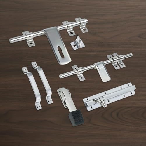 Image of Godrej Door Fittings |SS Door Kit | 2N Handle, 2N Aldrop, Tower Bolt, Rubber Door Stopper | Glossy Finish, Heavy Duty Anti-Rust | Main Doors & Internal Doors, Bedroom | Screws are Included