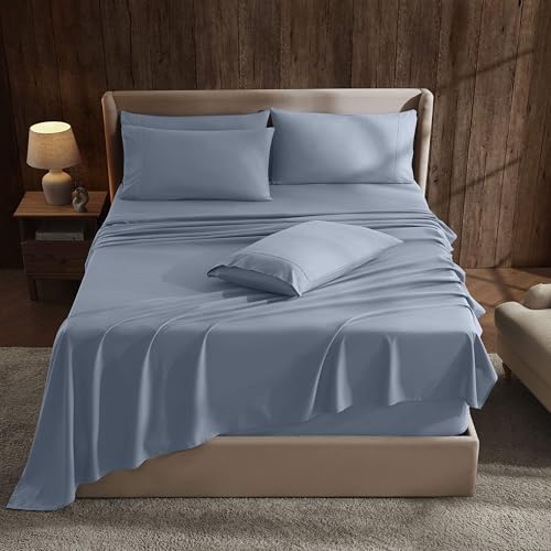 Image of Hearth & Harbor Extra Deep Pocket Sheet Sets, Luxury Soft 6 Piece Bed Sheet Set Fits Mattress 18-24 Inches - Queen, Stone Blue