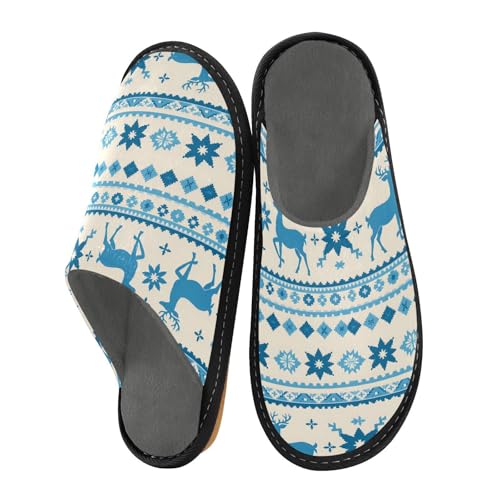 Slippers for Women Blue Elk Snowflakes Ethnic Soft Winter Warm Shoes Indoor Outdoor Non-Slip House Travel Slippers