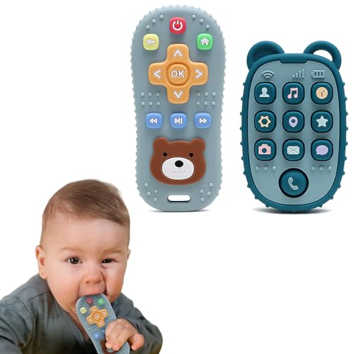 Image of HippoBaby 2-Pack Silicone Teethers – Remote Control & Phone Teething Toys with Popper Buttons, BPA-Free, CPC Certified Baby Essentials for Infants & Toddlers (Remote/Phone - Blue/Dark Blue)