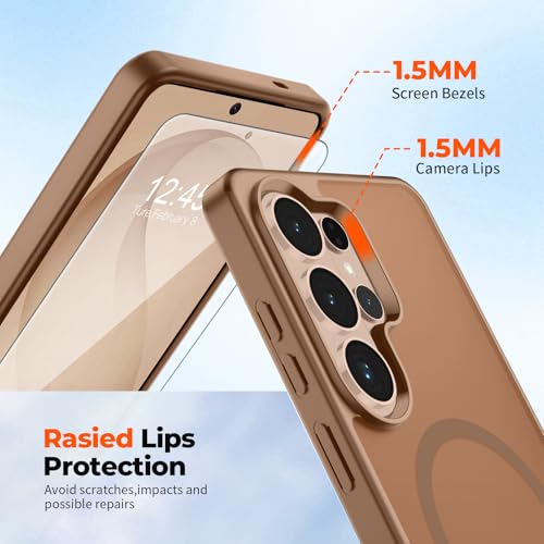 Image of SUPFINE Magnetic for Samsung Galaxy S26 Ultra Case with Screen Protector, (Built-in Magnets) (Military Grade Drop Protection) Slim Translucent Shockproof Phone Case,Brown