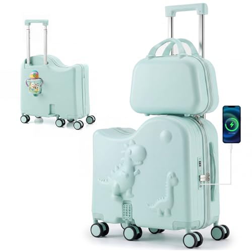 Oakvera Cute Dinosaur Ride-On Luggage Set for Kids 20 Carry-On Suitcase with 12 Portable Bag Hardshell Kids Luggage with USB & Type-C Port Cup Holder Foldable Footrest 6 Spinner Wheels Green