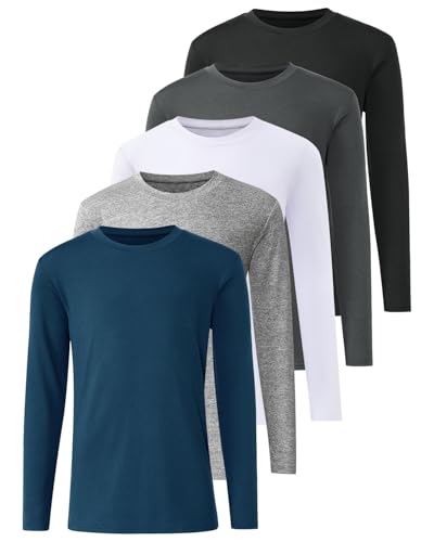 5-Pack Youth Boys Long Sleeve Shirts Dry Fit Athletic T-Shirt Moisture Wicking Performance Activewear Tops Tees