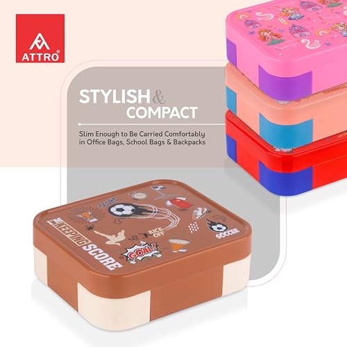 Image of ATTRO Admire Deluxe 3 Compartment Stainless Steel Lunch Box, BPA-Free Inner Steel, Lightweight & Durable, Easy Carry Tiffin for Kids,School & Travel-Soccer Print Brown-800ml