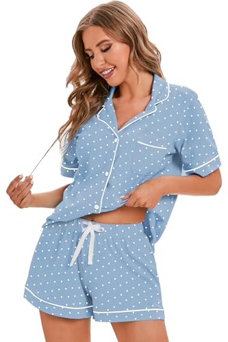 Image of LUBOT 100% Cotton Pajamas for Women 2 Piece PJ Set Button-Down Soft Knit Short Sleeve Summer Sleepwear Loungewear XS-XXL