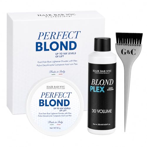 Hair Bar NYC Perfect Blond 10x Extreme Blue Lightener +30 Volume Anti-Yellow Blue Developer Kit Dust-Free Hair Bleach with Keratin & Bond Building, Cool-Toned, Bright Finish Developer Kit 50g/1.76oz
