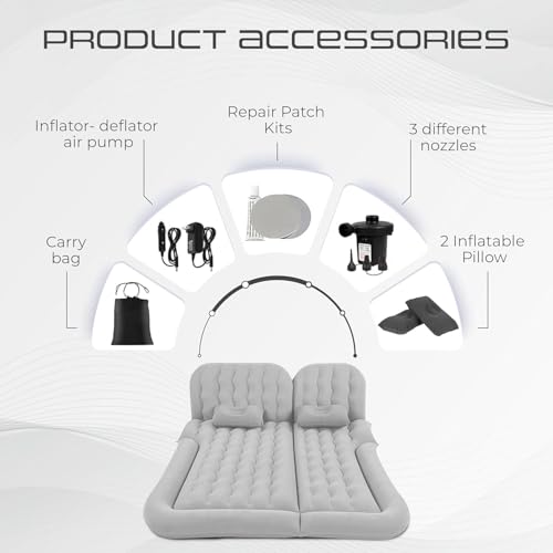 Image of Amazon Basics SUV Car Inflatable Bed - Grey | 2 Air Pillow & Air Pump | Car Sleeping Bed for Kids | Car Back Seat Bed | Quick Inflatable Bed | Car Bed for Trip, Camping, Picnic, Pool & Beach Pack of 1