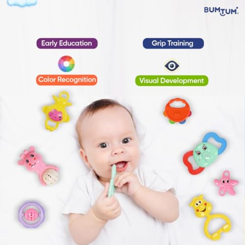 Image of BUMTUM 7Pcs. Baby Rattles Attractive Colorful Plastic Non Toxic BPA Free for New Born Babies and Infants (Pack of 1, Multicolor & Multi Designs)