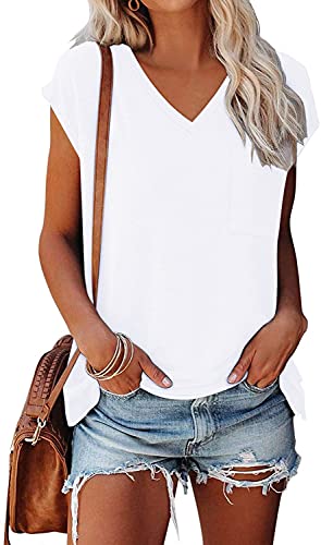 Nanyuaya Womens Summer Casual Tops 2023 Basic Loose Cap Sleeve Tshirts Solid Color Blouse With Pocket #TOP9