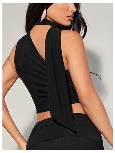 GORGLITTER Women's Halter Going Out Tank Top with Scarf One Shoulder Ruched Asymmetrical Crop Tops2